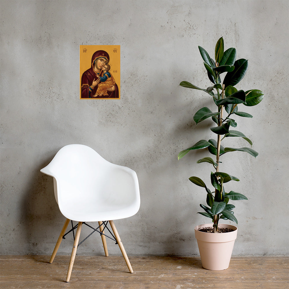 Panagia Eleousa – Byzantine icon, printed poster on a wall