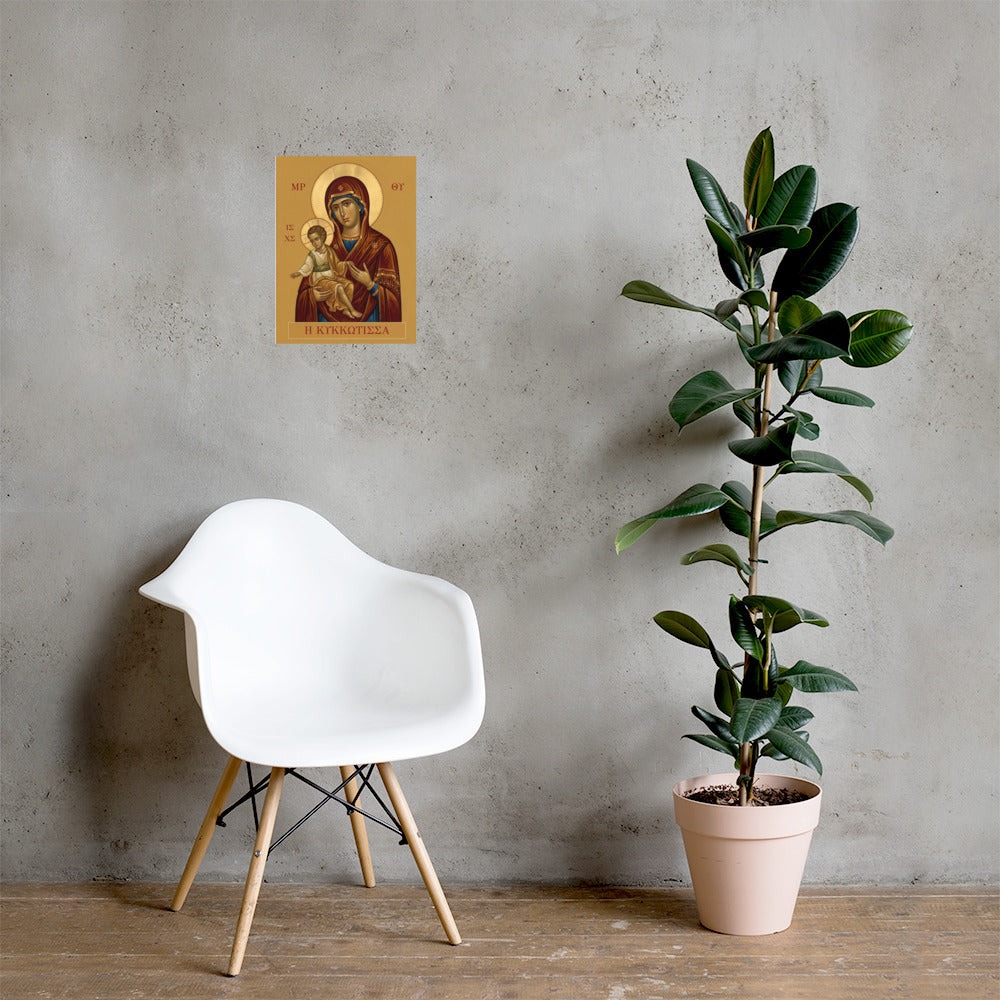 Panagia Kykkotissa – Byzantine icon, printed poster on a wall
