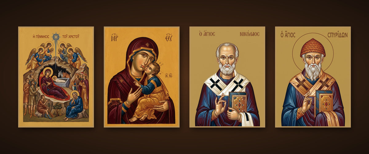 Byzantine icons: Nativity, Theotokos Eleousa, Saint Nicholas, Saint Spyridon